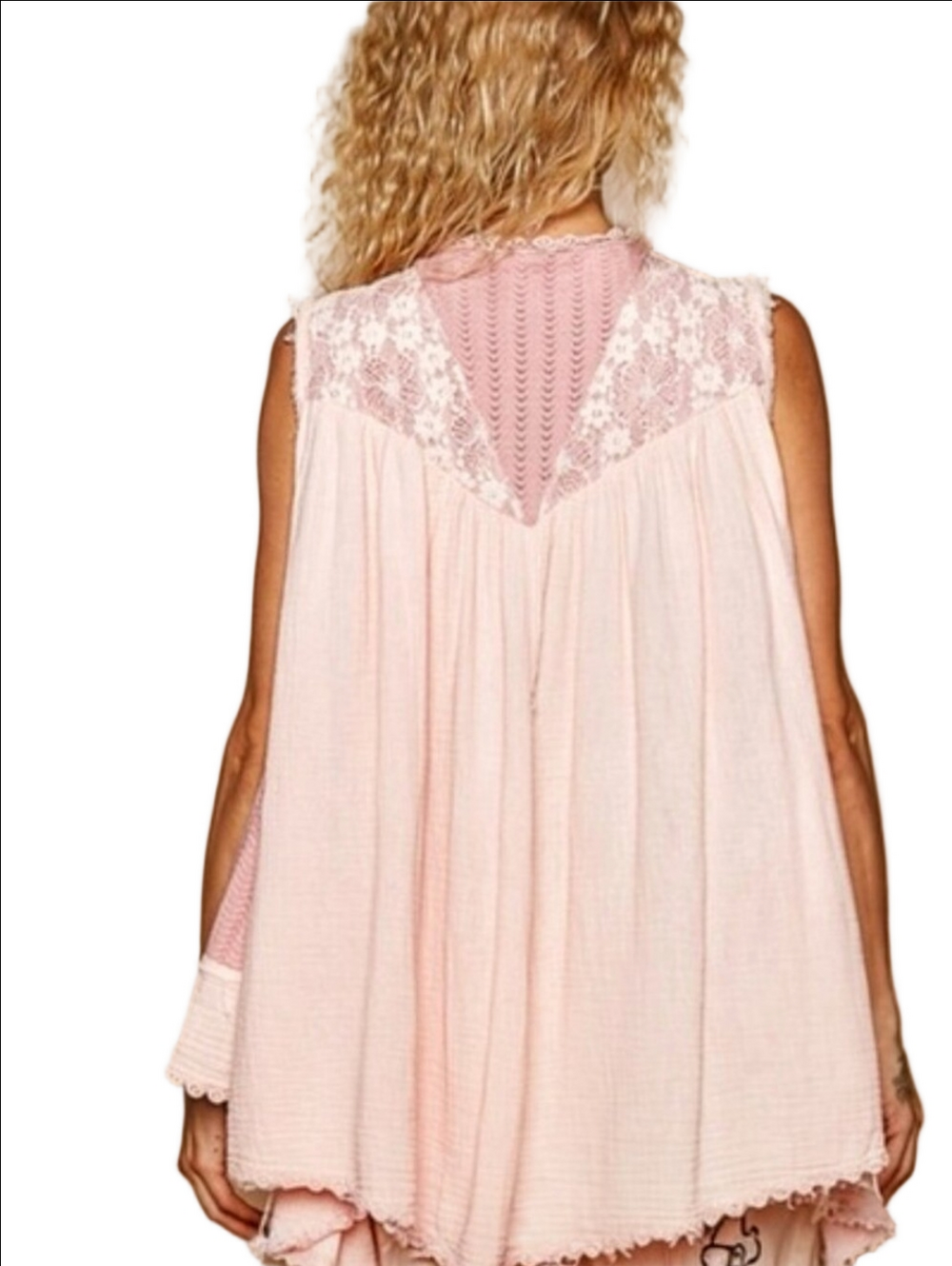 🩷POL BLUSH PINK LACE GAUZE COTTON SLEEVLESS CARDIGAN TUNIC EMBELLISHED PEARLS - Picture 9 of 16